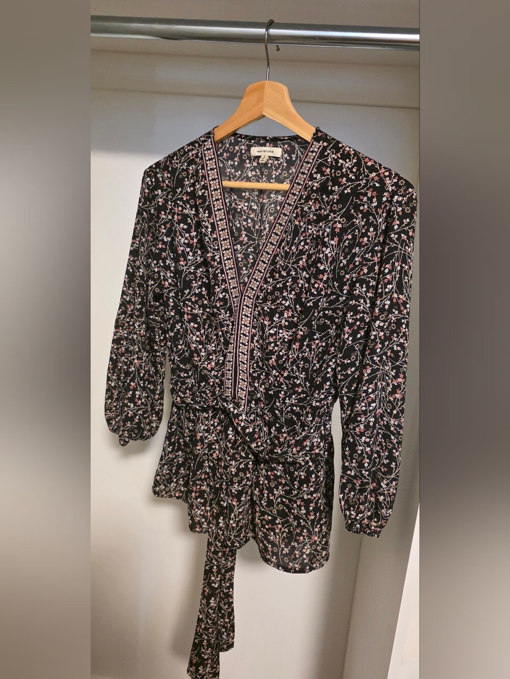 Maeve Black Floral Long-Sleeve Wrap Top with Pink Accents